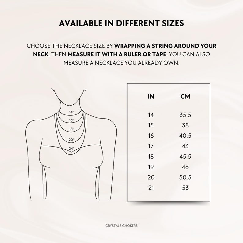 May include: Diagram illustrating necklace sizes. Text reads "AVAILABLE IN DIFFERENT SIZES" and provides instructions on measuring neck size. A chart shows necklace lengths in inches and centimeters, ranging from 14 inches (35.5 cm) to 21 inches (53 cm).