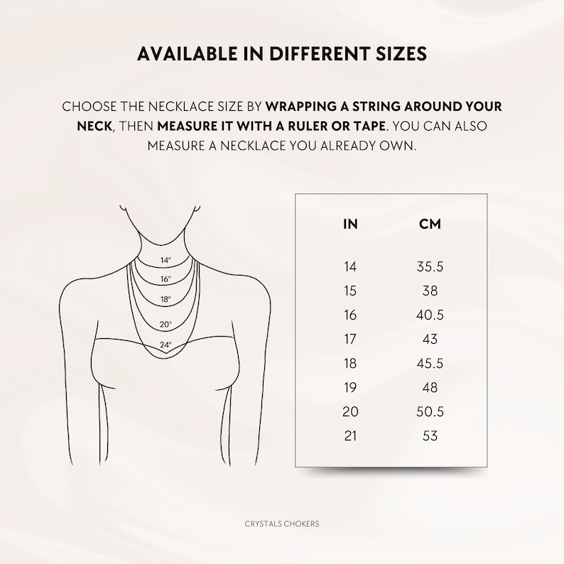 May include: A black and white infographic titled AVAILABLE IN DIFFERENT SIZES. It features a line drawing of a neck with five necklace lengths labelled 14, 16, 18, 20, and 24 inches, alongside a table comparing sizes in inches and centimetres.