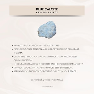 May include: A raw, light blue calcite crystal centered above text that reads BLUE CALCITE CRYSTAL ENERGY, followed by a list of benefits including promoting relaxation, easing tension, and opening the throat chakra, ending with THROAT & THIRD EYE CHAKRAS.