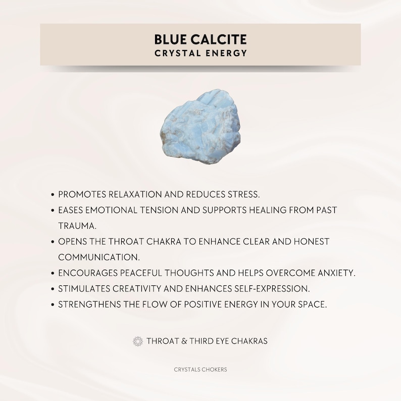 May include: A raw, light blue calcite crystal centered above text that reads BLUE CALCITE CRYSTAL ENERGY, followed by a list of benefits including promoting relaxation, easing tension, and opening the throat chakra, ending with THROAT & THIRD EYE CHAKRAS.