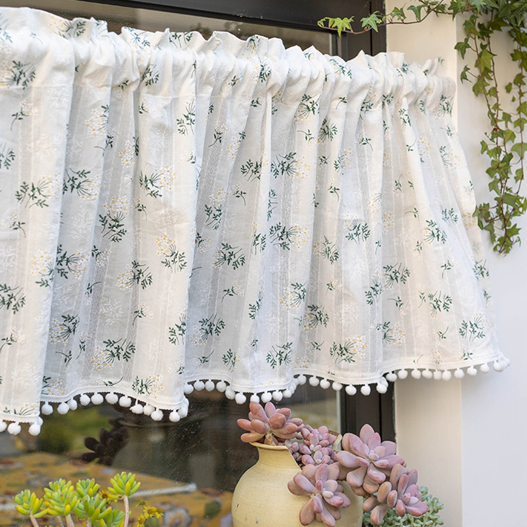 Green Floral Cafe Curtainsfarmhouse Light Filtering Curtain Etsy