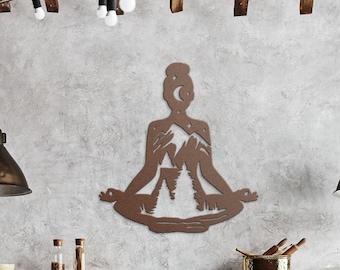Metal Meditation Woman Wall Art: Zen Mountain Decor