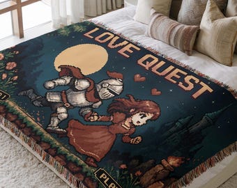 Custom Gamer Couple Blanket | Personalized Pixel Art Throw, Retro 8-Bit Video Game Tapestry Gift for Nerdy Wedding & Gaming Room Decor