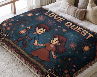 Personalized Retro Gaming Couple Woven Throw Blanket | Custom Pixel Art Tapestry, Knight & Dragon Nerdy Wedding and Gamer Anniversary Gift