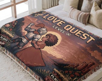 Custom Gamer Couple Blanket | Personalized Pixel Art Throw, Retro 8-Bit Video Game Tapestry Gift for Nerdy Wedding & Gaming Room Decor