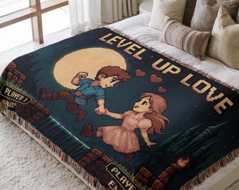 Personalized Gaming Couple Blanket | Custom Pixel Art Anniversary Tapestry, Retro 8-Bit Video Game Gift for Nerdy Wedding & Gamer Decor