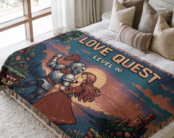 Personalized Retro Gaming Couple Woven Throw Blanket | Custom Pixel Art Tapestry, Knight & Dragon Nerdy Wedding and Gamer Anniversary Gift