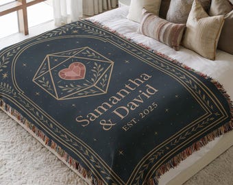 Personalized Celestial Heart Blanket | Custom Name Medieval Fantasy Woven Tapestry for Gamer Couples, Wedding or Anniversary Gift