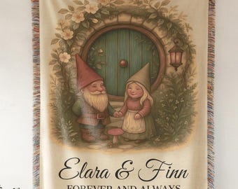 Whimsical Gnome Custom Couple Blanket | Personalized Cottagecore Anniversary Gift, Fantasy Garden Wedding Woven Throw and Folklore Decor