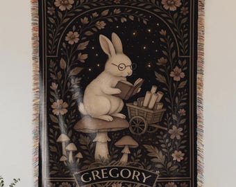 Personalized Reading Rabbit Blanket | Custom Name Woodland Woven Tapestry for Kids Room Decor, Book Lover Gift, Cottagecore Animal Throw