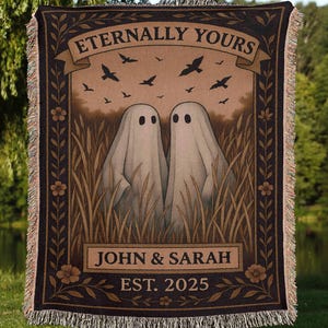 Personalized Ghost Couple Blanket in Autumn Field | Gothic Fall Wedding Tapestry, Custom Romantic Halloween Anniversary Gift for Couples
