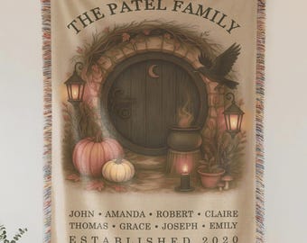 Personalized Fall Cottage Blanket | Custom Family Name Woven Tapestry with Pumpkins, Cozy Autumn Bookish Gift and Fantasy Home Decor