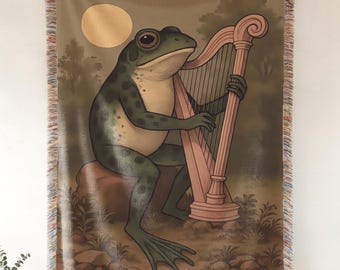 Frog Playing Harp Woven Throw Blanket | Whimsical Storybook Toad Musician Tapestry, Vintage Cottagecore Frog Lover Gift, Folk Art Nursery