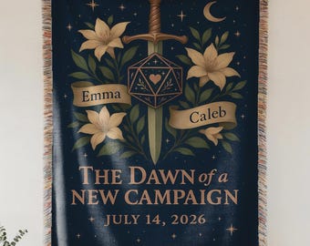 Personalized Fantasy Couple Blanket | Sword and Dice Floral Woven Throw, Gamer Wedding or Anniversary Gift, Nerdy Romance Home Decor