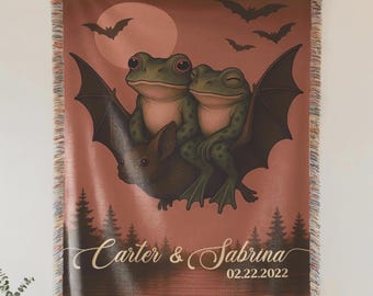 Personalized Frog Couple Blanket | Gothic Cottagecore Woven Tapestry with Bats and Moon, Whimsical Anniversary or Halloween Wedding Gift