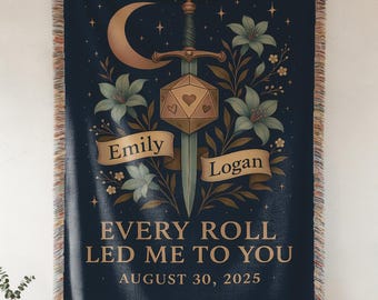 Personalized Fantasy Couple Blanket | Sword and Dice Moon Woven Throw, Gamer Wedding or Anniversary Gift, Romantic Geeky Home Decor
