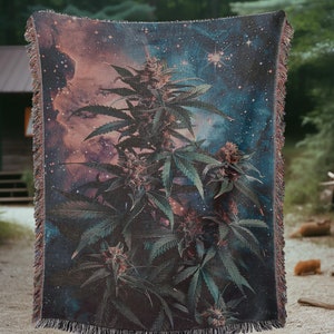 Celestial Cannabis Flower Throw Blanket | Floral Nature Scene and Weed Tapestry Blanket Perfect for Bohemian Room Decor and Stoner Gifts