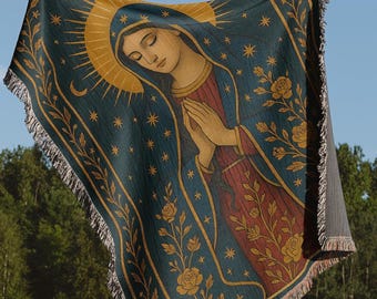 Our Lady of Guadalupe Tapestry Blanket | Virgin Mary Woven Throw with Celestial and Floral Art | Spiritual Catholic Home Gift