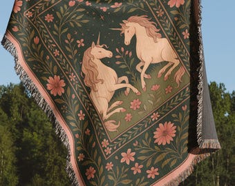 Unicorn Tapestry Blanket – Fantasy Unicorn Decor, Whimsical Cottagecore Wall Hanging, Mythical Cozy Throw