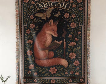 Personalized Fox Reading Blanket | Custom Name Woven Throw, Whimsical Woodland Book Nook Home Decor or Bookish Gift for Kids and Girls