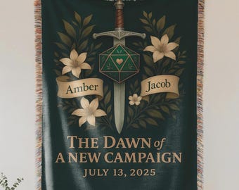 Personalized Sword and Dice Blanket | Custom Gamer Couple Woven Tapestry, D20 Fantasy Wedding or Anniversary Gift, Medieval Campaign Decor