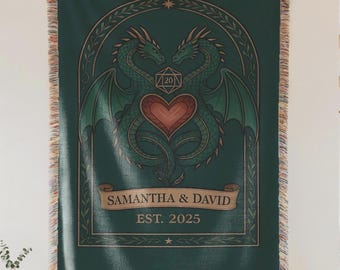 Personalized Dragon and Dice Blanket | Custom Name Fantasy Woven Tapestry for Gamer Couples and Medieval Wedding or Anniversary Decor