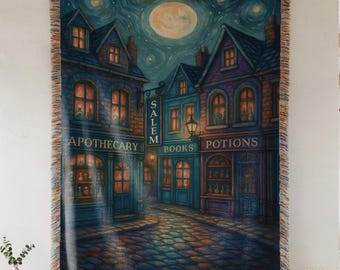 Salem Apothecary Throw Blanket | Magic Bookstore Woven Tapestry for Cozy Witchy Book Nook or Dark Academia and Whimsigoth Aesthetic Decor