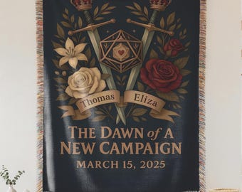Personalized Gamer Couple Blanket | Crowned Sword and Dice Crest Woven Throw, Nerdy Wedding or Anniversary Gift for Him, Fantasy Lover Decor