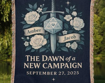 Personalized Gamer Couple Blanket | Fantasy Sword and Dice Woven Throw, Nerdy Wedding or Anniversary Gift for Him, Unique Marriage Decor
