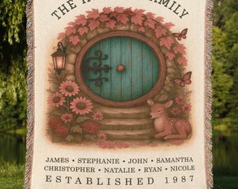 Personalized Family Cottage Door Blanket | Custom Name Woven Tapestry, Cozy Fall Home Decor, Fantasy Book Gift for Families and Parents