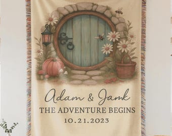 Personalized Cottage Door Throw Blanket | Custom Name Wedding Woven Tapestry for Couples, Fantasy Book Lover Engagement and Anniversary Gift