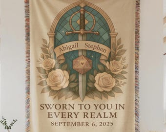 Personalized Fantasy Wedding Blanket | Sword and Dice Crest Woven Throw for Gamer Couples, Romantic Anniversary Gift, Medieval Home Decor