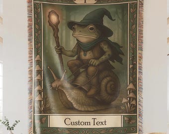 Custom Frog Wizard Name Blanket | Fantasy Cottagecore Toad Tapestry, Whimsical Goblincore Snail Throw, Personalized Woodland Fairy Tale Gift