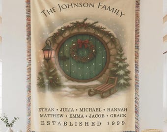 Personalized Christmas Cottage Blanket | Custom Family Name Woven Throw, Holiday Home Decor, Fantasy Gift for Mom, Dad, and Grandparents