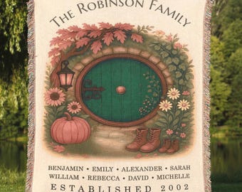 Personalized Family Name Throw Blanket | Custom Rustic Cottage Woven Tapestry, Bookish Fantasy Crest Home Decor or Fall Housewarming Gift
