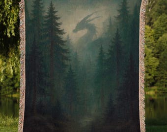Dragon Forest Tapestry Blanket – Fantasy Dragon Decor, Mystical Woodland Wall Hanging, Cozy Cottagecore Throw