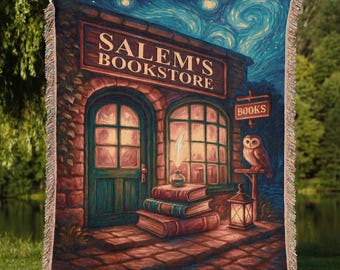 Salem’s Bookstore Woven Blanket | Cozy Fantasy Book Lover Throw, Starry Night Bookshop Tapestry, Cottagecore Reading Nook Decor