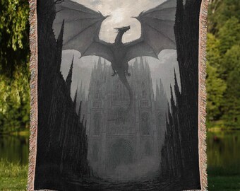 Victorian Gothic Dragon Cathedral Tapestry Blanket | Dark Fantasy Medieval Woven Throw, Castlecore Wall Art, Mystical Dragon Lover Gift