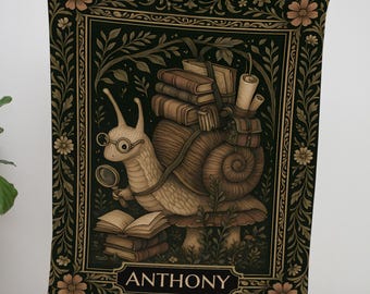 Personalized Book Snail Reading Blanket | Custom Name Woven Throw for Cozy Woodland Nook, Bookish Gift or Whimsical Cottagecore Home Decor