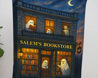 Personalized Salem Bookstore Ghost Blanket | Haunted Library Woven Throw with Custom Name, Spooky Book Lover Gift and Fall Kids Room Decor