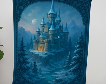 Fantasy Castle Woven Blanket | Mystical Snowy Forest Tapestry Throw with Gothic Fairytale Castle Design
