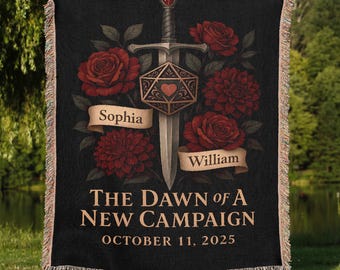 Personalized Sword and Dice Blanket | Custom Name Fantasy Tapestry for Gamer Couples, Nerdy Wedding, Anniversary, or Unique Marriage Gift