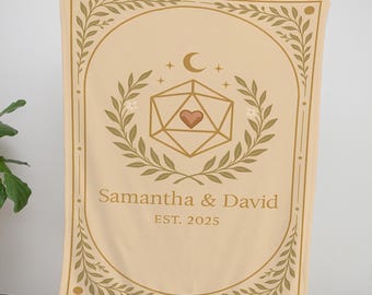 Personalized D20 Dice Blanket | Custom Name Fantasy Woven Tapestry for Gamer Couples, Minimalist Medieval Wedding, Anniversary Gift