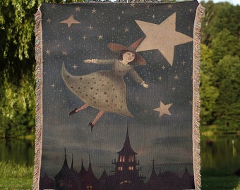 Flying Folk Art Witch Halloween Woven Throw Blanket | Vintage Retro Starry Night Tapestry, Whimsical Witchcore Cottagecore Spooky Home Decor