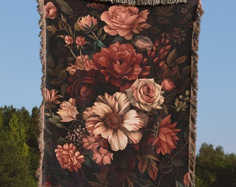 Dark Floral Woven Blanket Tapestry: Victorian Gothic Home Decor