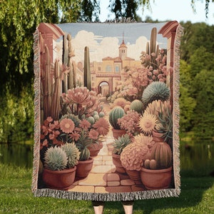 Cactus City View Woven Throw Blanket: Succulent Garden Woven Tapestry, Floral Plants Landscape Blanket, Mexican Wall Art, Southwestern Decor