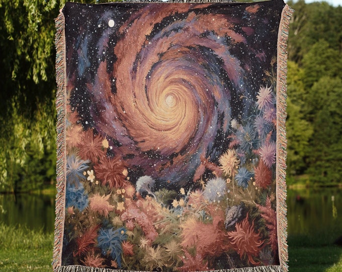 Floral Cosmic Swirl Throw Blanket: Abstract Botanical Woven Tapestry, Sci Fi Astrology Blanket, Trippy Space and Hippie Celestial Decor