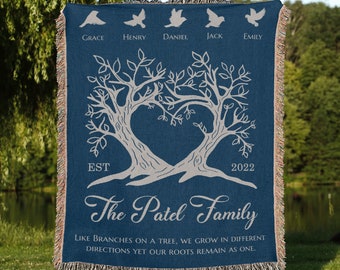 May include: A blue woven tapestry with a family tree design. The tree has two trunks that form a heart shape. The names "Grace", "Henry", "Daniel", "Jack", and "Emily" are written above the tree. The text "The Patel Family" is written below the tree. The text "EST" and "2022" are written on either side of the tree. The text "Like branches on a tree, we grow in different directions yet our roots remain as one." is written below the family name.