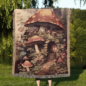 Mushroom House Woven Blanket: Vintage Cottagecore Decor