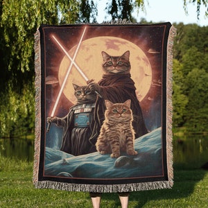 Cats Wars Throw Blanket: Funny Cat Woven Tapestry, Cotton Sci Fi Blanket for Oddities Cat Lovers Gifts, Cat Mom, Cat Dad, and Dorm Decor